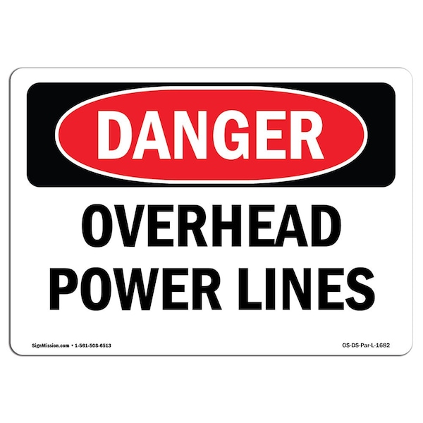 Safety Sign, OSHA Danger, 3.5" Height, 5" Width, Overhead Power Lines, Landscape, 10PK